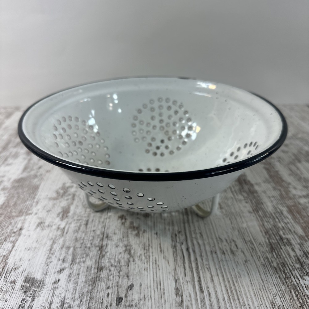 Vintage White Enamelware Colander Strainer 9.5”
