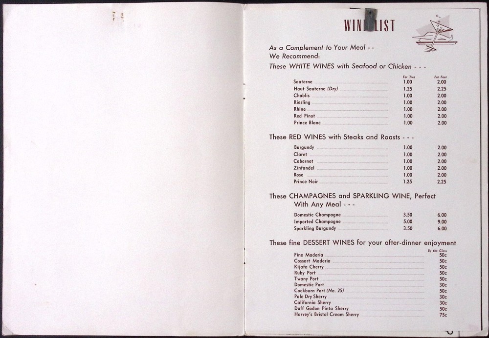 1954 Eugene Hotel Eugene OR Dinner Menu Cocktail Menu Wine List