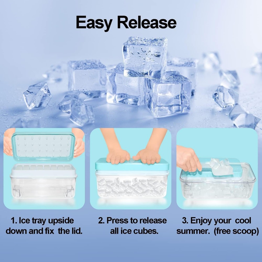 BPA-Free Ice Cube Trays for Freezer - Includes Bin, Scoop, & Press Plate