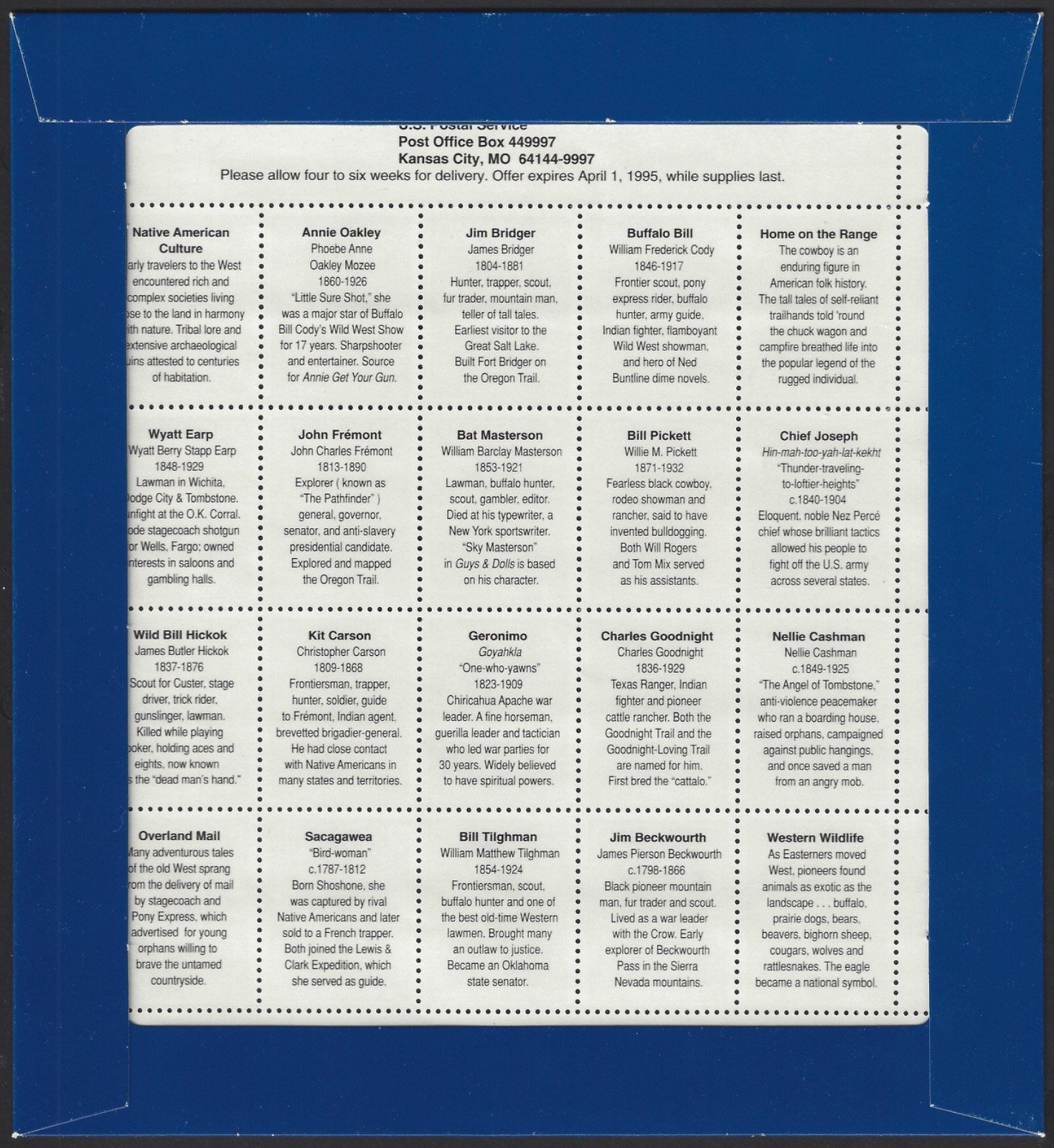 1994 #2870 Recalled Legends of the West Pane in original folder, MNH, Scott $125