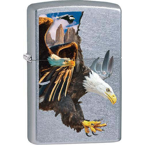 Zippo Windproof Metal Fire Lighter - Flying Bald Eagles on Brushed Chrome Base.