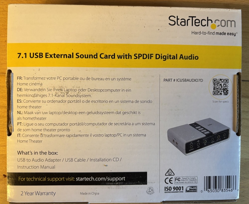 StarTech 7.1 USB Audio Adapter External Sound Card (ICUSBAUDIO7D)