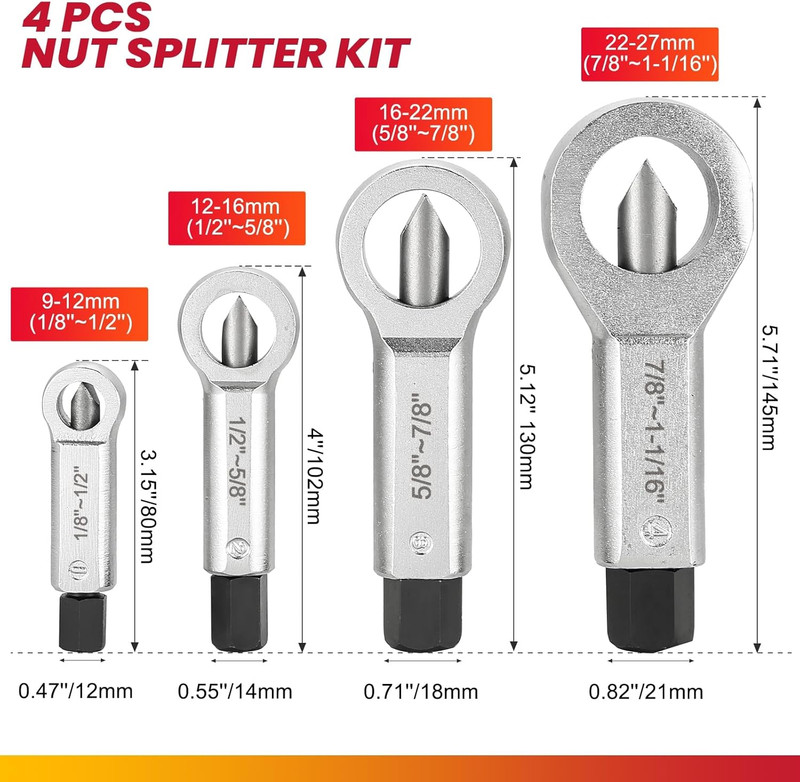 4pcs Nut Splitter Tool Broken Damaged Stuck Remover Puller Corroded Split Set