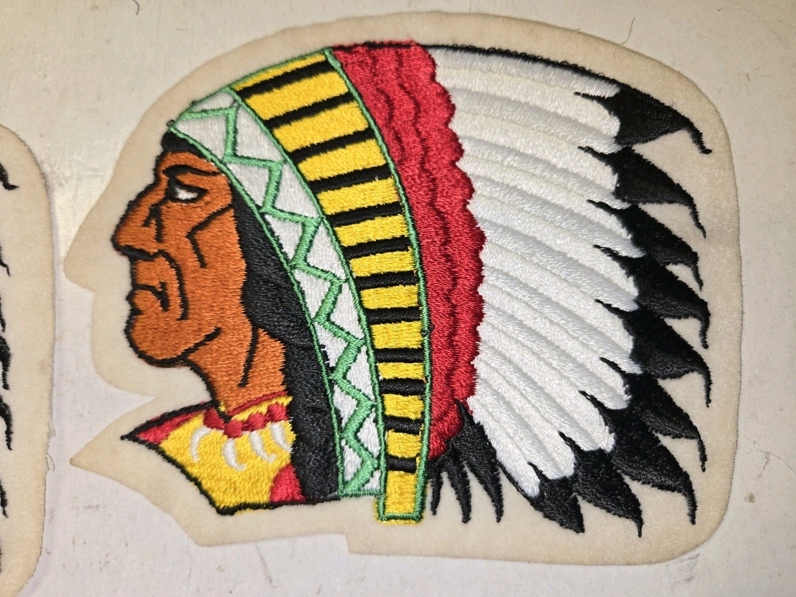 2 Vintage 60's/70's Large Indian Chief Headdress Cloth Embroidered Patch,6" x5"