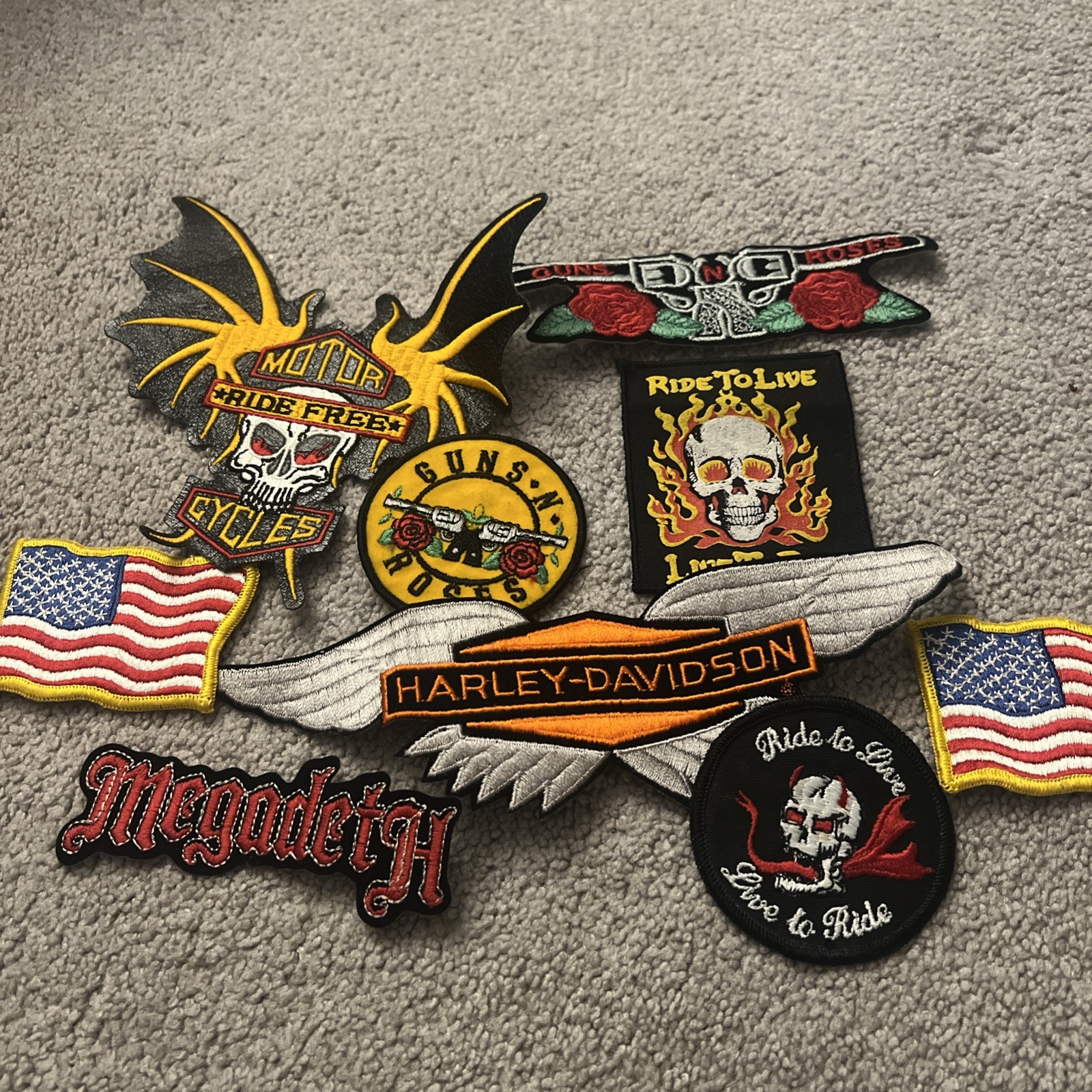 Vintage Lot Of 9 Motorcycle Patches Harley Davidson, Ride to Live, Guns N Roses