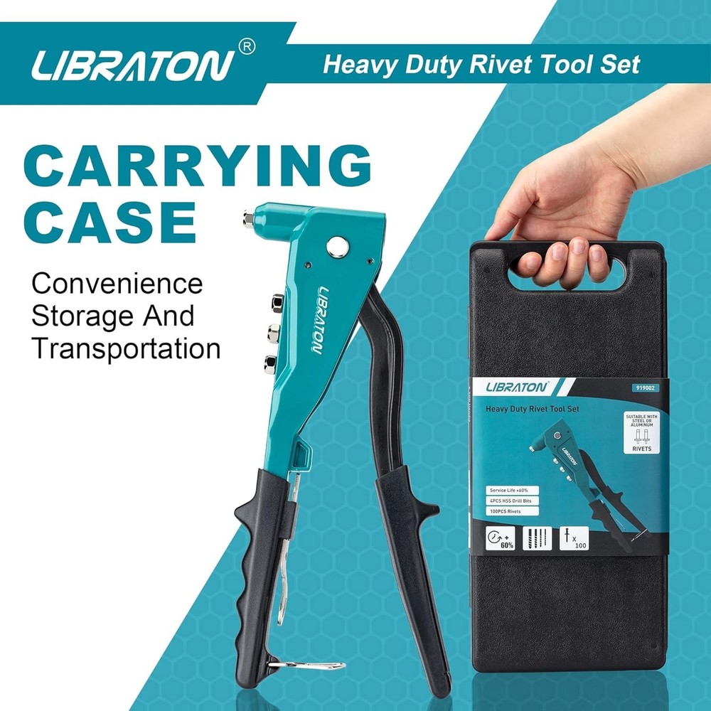 Efficient Manual Riveting Tool - 110 Rivets, Lightweight Aluminum, Carrying Case