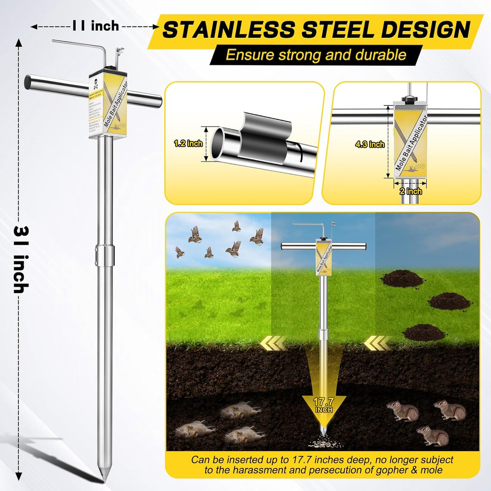 Gopher & Mole Bait Applicator, Stainless Steel Gopher/Mole/Vole Killer, Durable