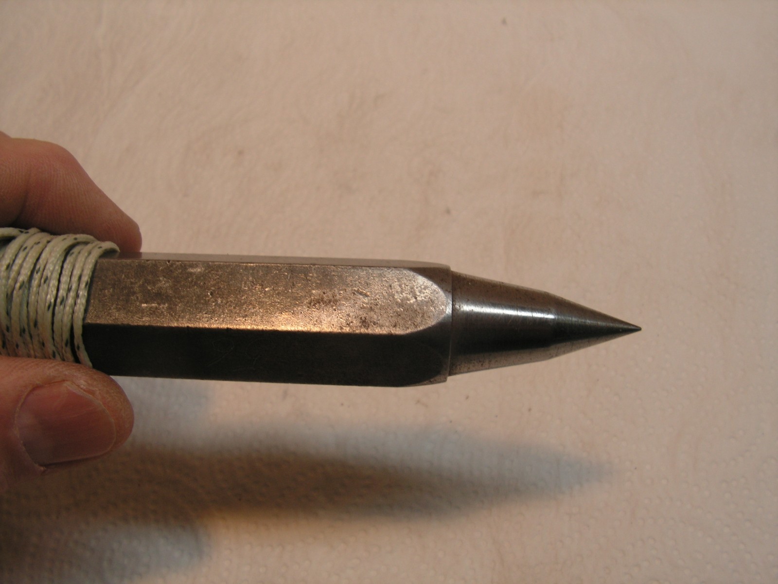 Vintage 12oz Plumb Bob With Nylon Cord 12'+ Hex Body, Nice Sharp Point