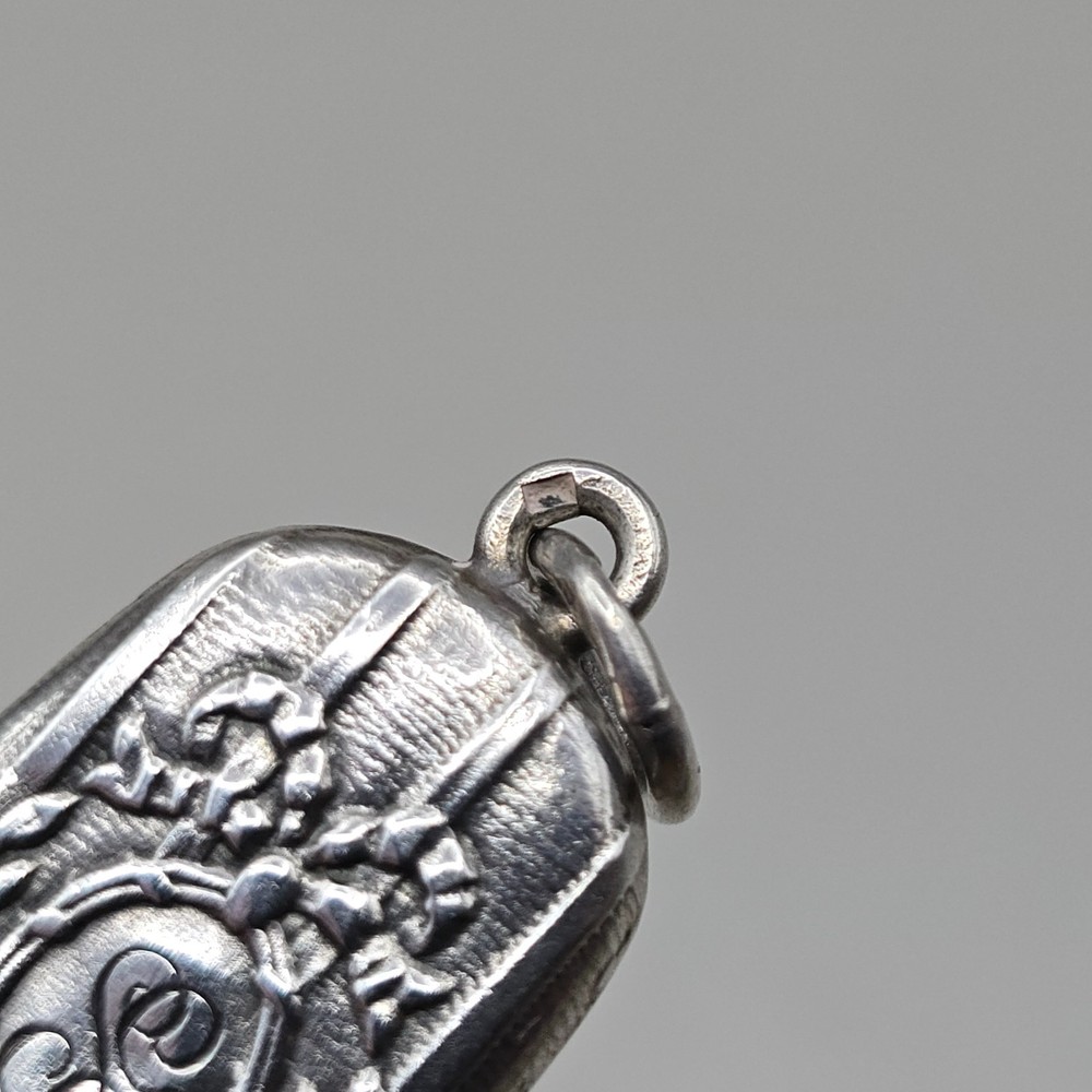 Antique Solid Silver Repousse Whistle Pendant Monogram Floral Design