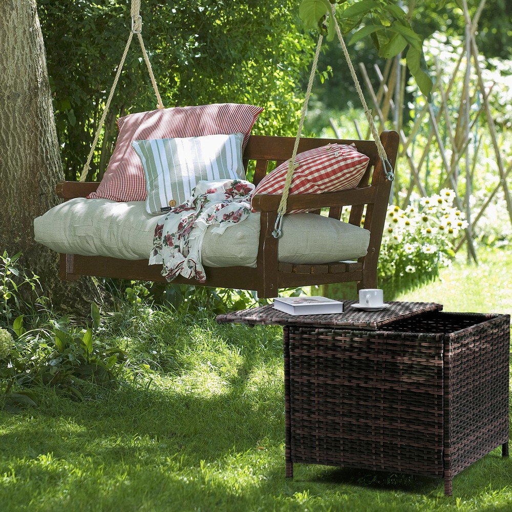 PE Wicker Side Table with Storage, Patio Rattan End Table Square Container