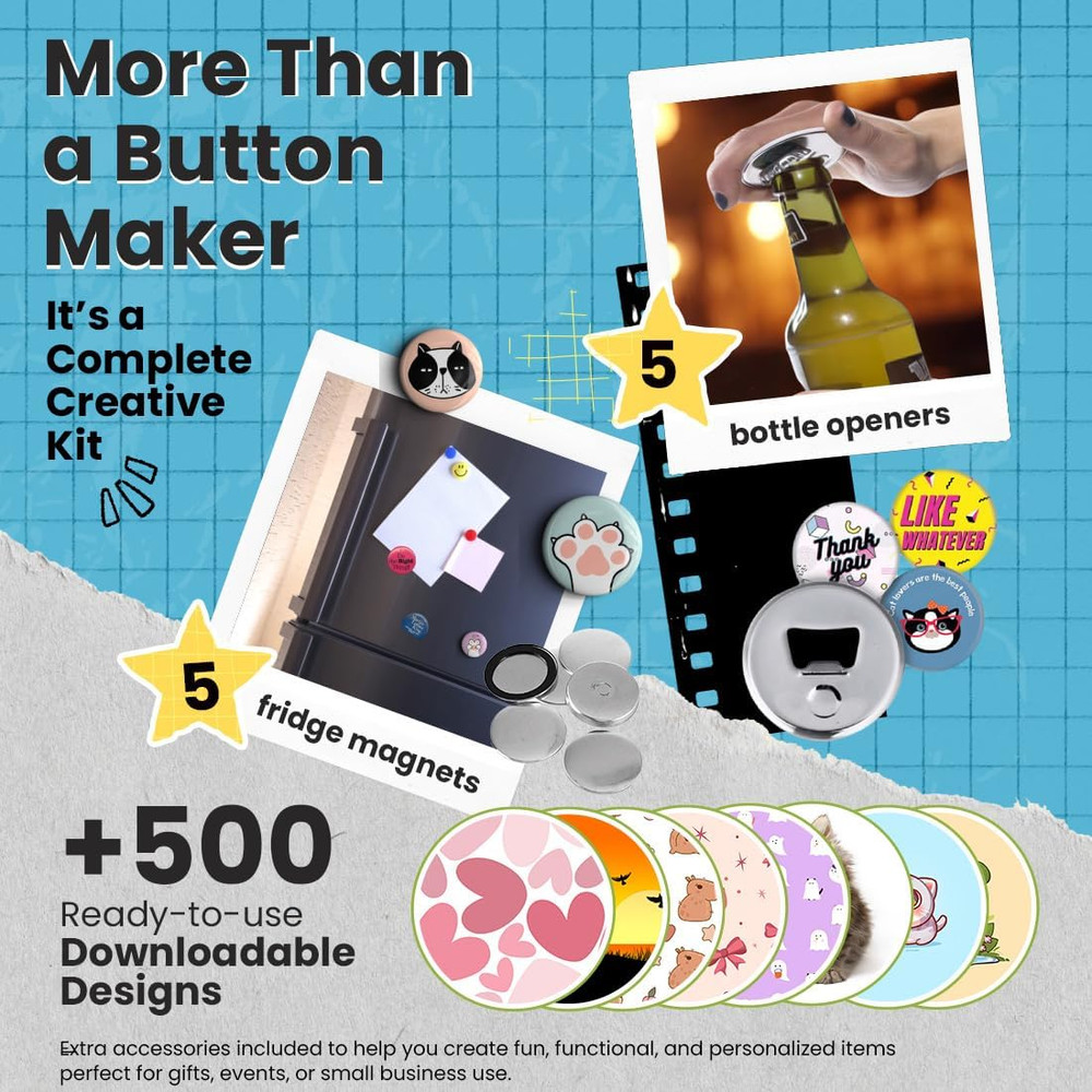 Button Maker Machine 3 Inch Pin Maker Kit - Single Mold, 100 Buttons, 5 Fridge M