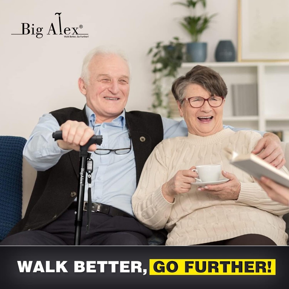 Folding Walking Cane with LED Light & Pivoting Quad Base - Adjustable & Portable