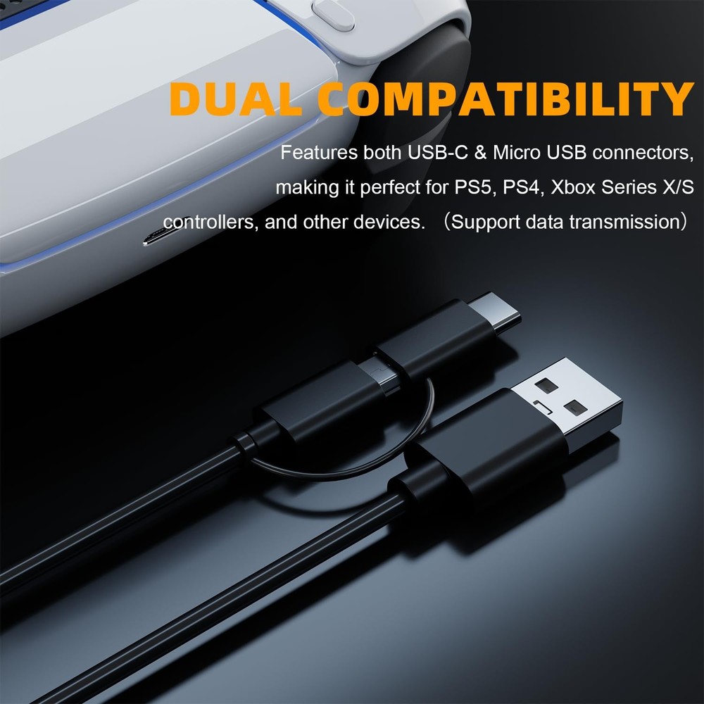 USB C/Micro 2-in-1Charging Cable Compatible with PS5/PS4 Controller, 6Ft Chargin