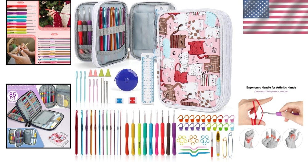 85-Piece Crochet Hooks Set with Case, Ergonomic Design