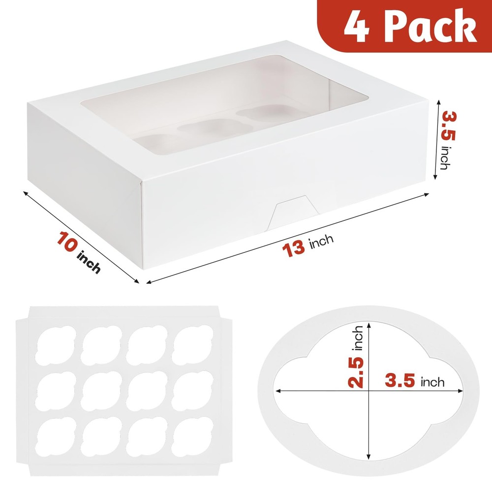 12 Count Cupcake Boxes, 4 Pack Auto-Popup White Cupcake Containers with Windo...