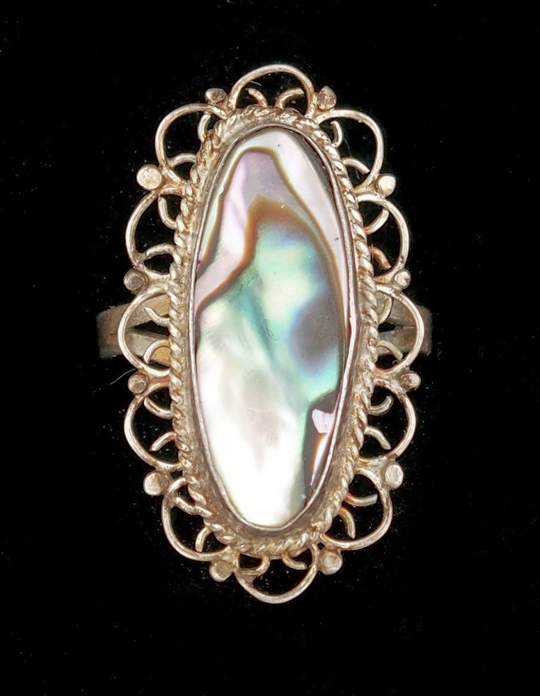 Vintage Abalone Shell Ring Filigree Setting Mexico Silver
