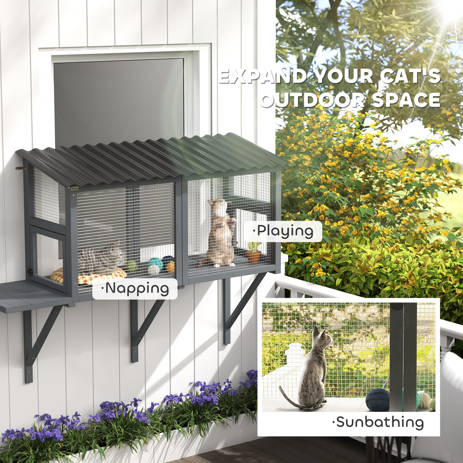 PawHut Outdoor Cat Catio, Cat Enclosure Window Perch with Jumping Platform