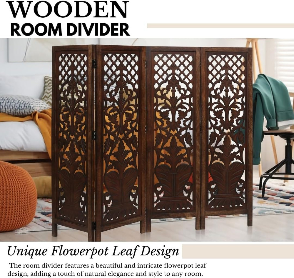 Room Divider Wood Screen Panel – Burnt Brown, 4-Panel Folding 64"X54", Hand-C...