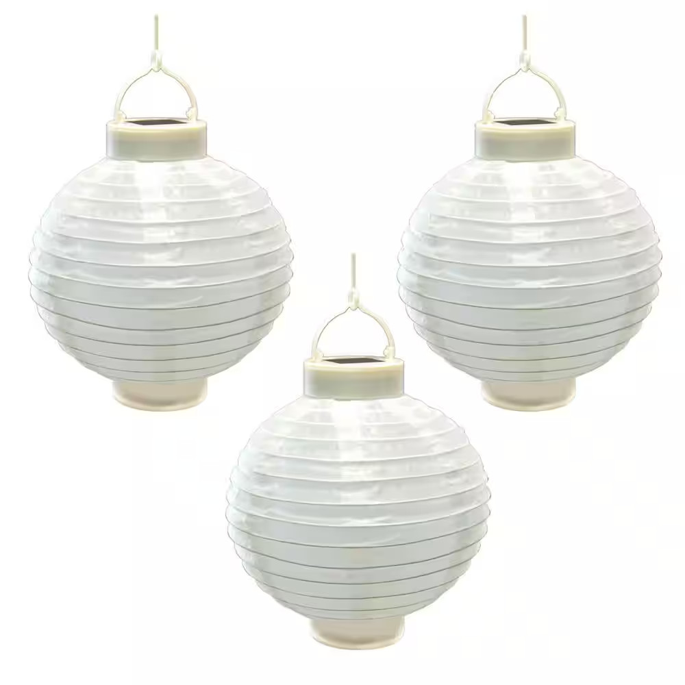 8 In. Solar White Nylon round Lantern (3-Pack)