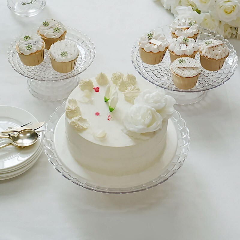 CLEAR 3 Plastic Stackable Pedestals Pressed Design CUPCAKE STANDS Set Party Home