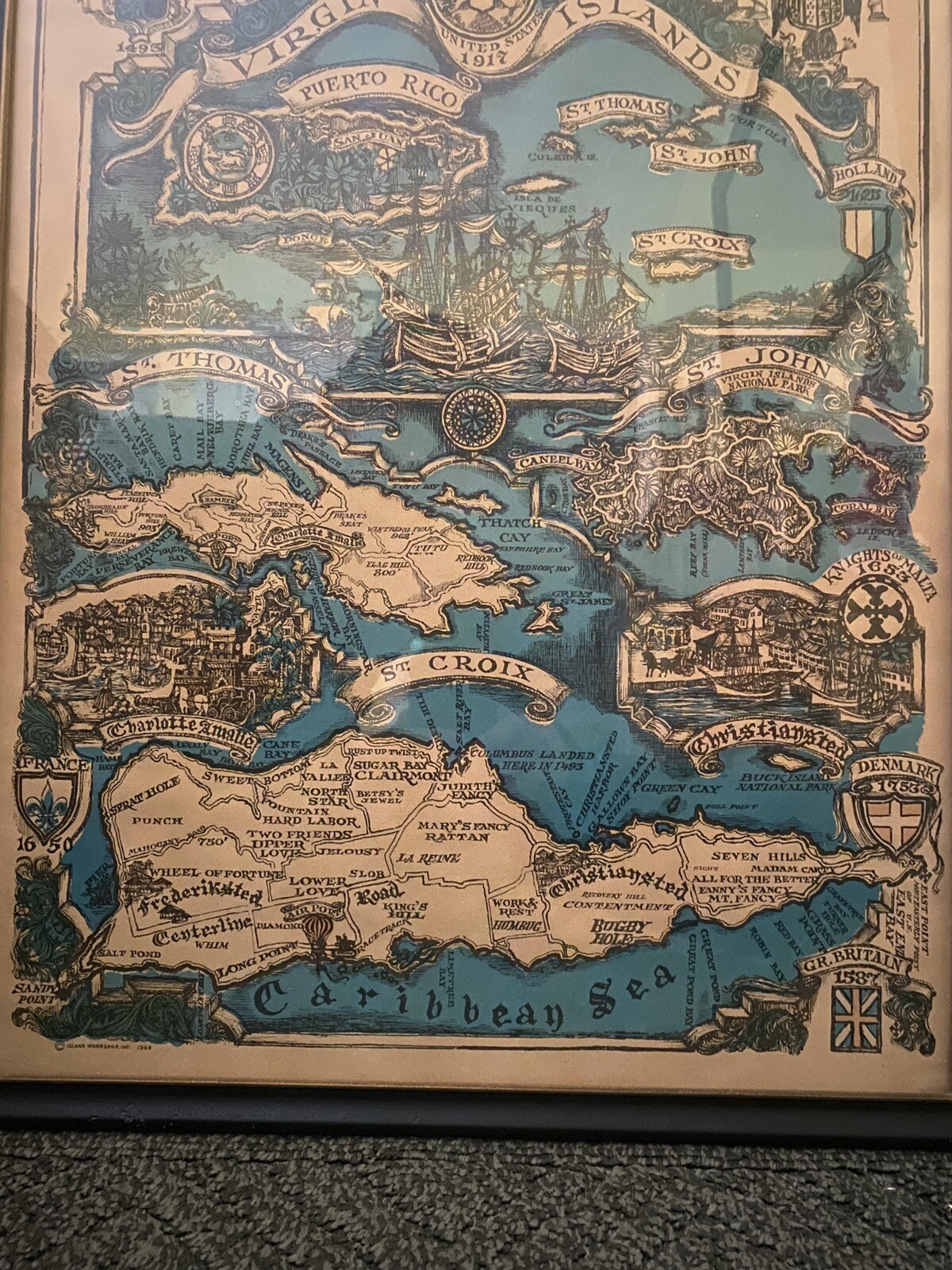 22"x17" VIRGIN ISLANDS Framed Map - 1966 USA mid-century LITHO