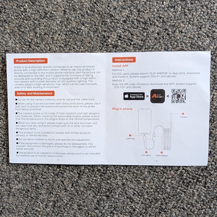 12FT Endoscope Camera Borescope Snake Cable LED IP67 HD - *iPhone Lightning ONLY