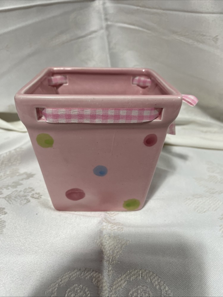 Pink Square Planter With Dots And Checkered Ribbon