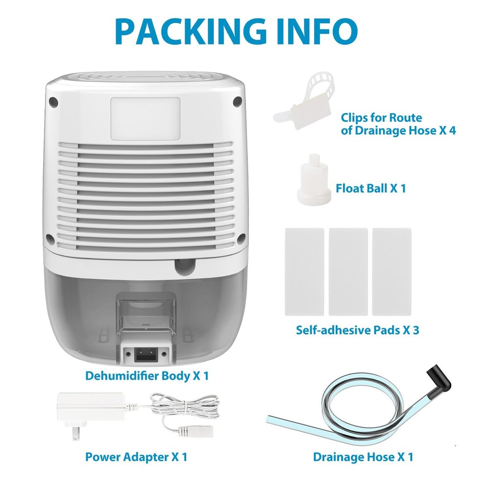 Small Portable Dehumidifier with Drain Hose Continuous Drainage Auto-OFF