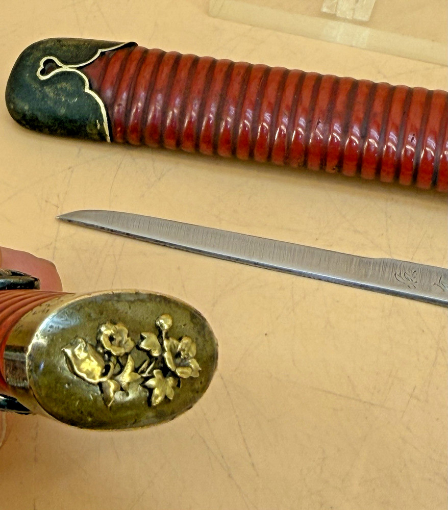 Japanese Edo Red Lacquer Tanto, Signed Blade & Complete Fitting Set