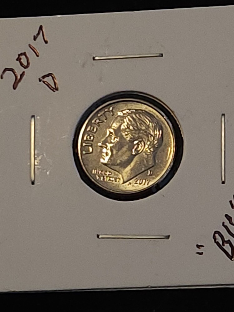 2017 D Roosevelt Dime. BU = Brilliant Uncirculated.