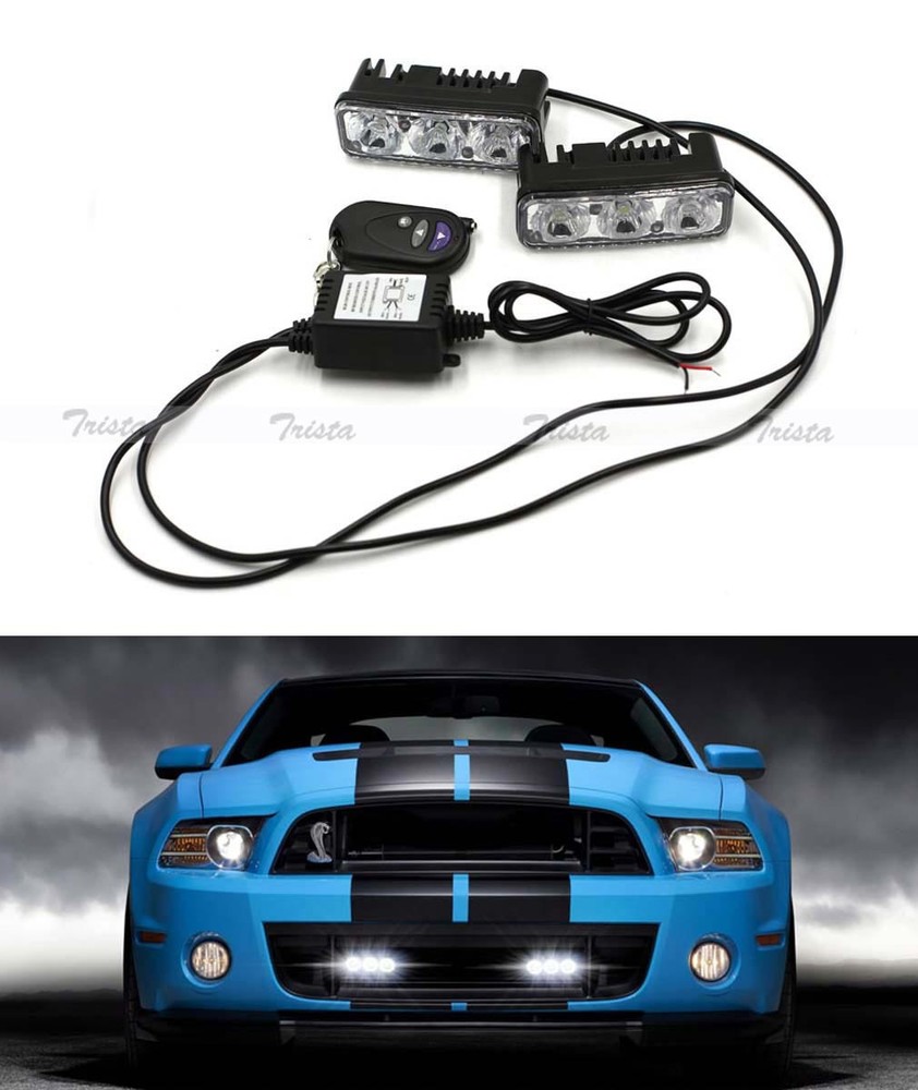 2pcs 3 LED White Car DRL Driving Light Remote Control Strobe Flash Warning Lamp