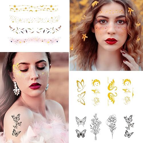 JEEFONNA 60 Sheets Face Temporary Tattoos, Metallic 60 Sheets Temporary Tattoos