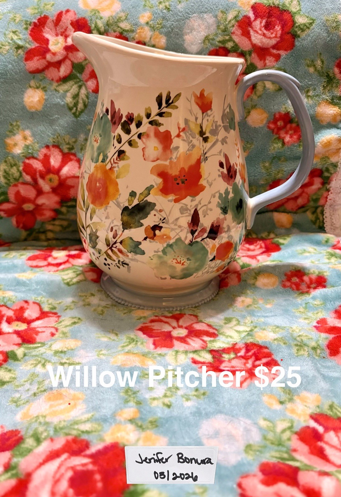 Pioneer Woman 3.2 Quart Willow Floral Large Beverage Serving Pitcher Stoneware