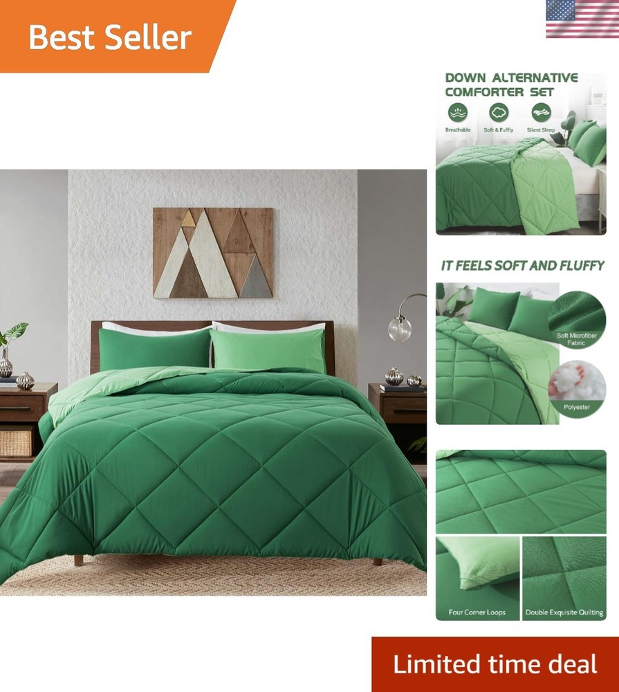Lightweight Queen Comforter Set - 3 Piece Quilted Down Alternative - Olive Green