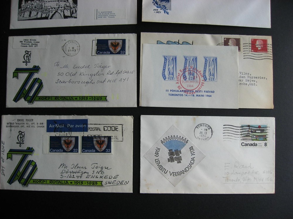 Canada Estonia cachets, labels etc on 8 covers, interesting group!