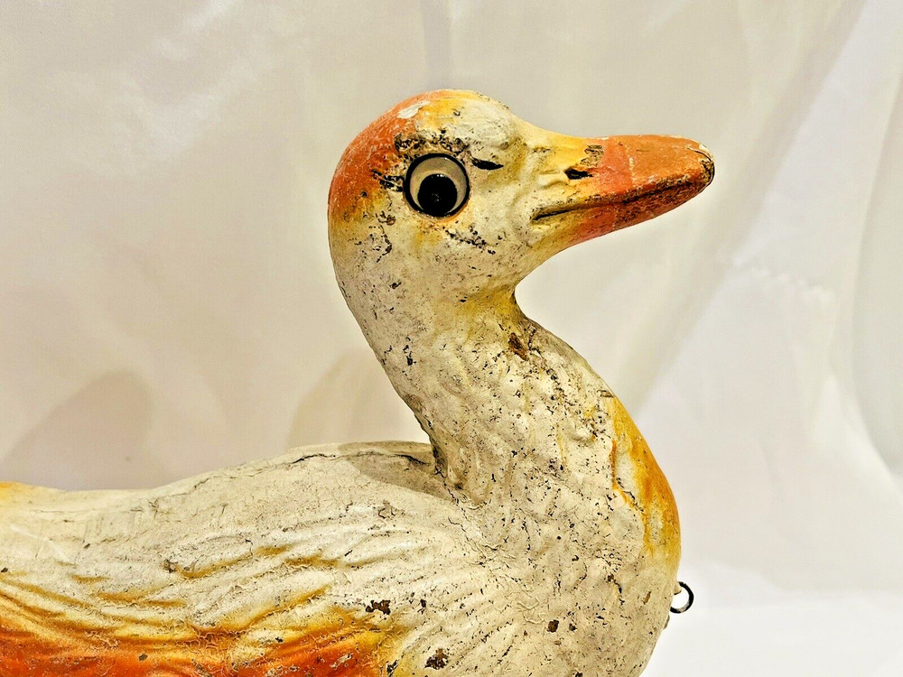 Antique Composition Paper Mache Duck Goose Pull Toy Waddling 8.5"