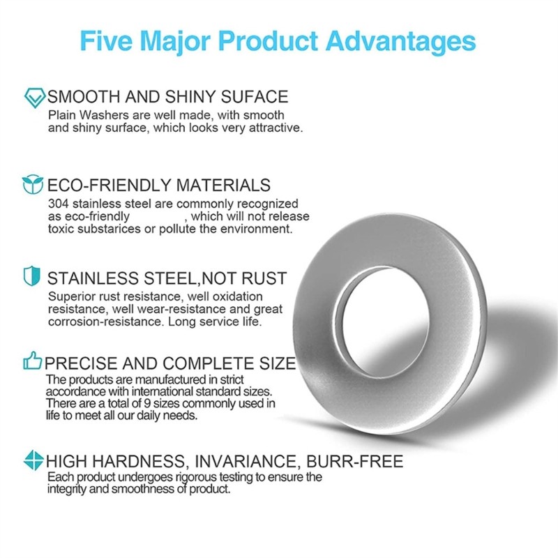 800Pcs Sturdy Stainless Steel Flat Washers Assortment Set Multiple Size