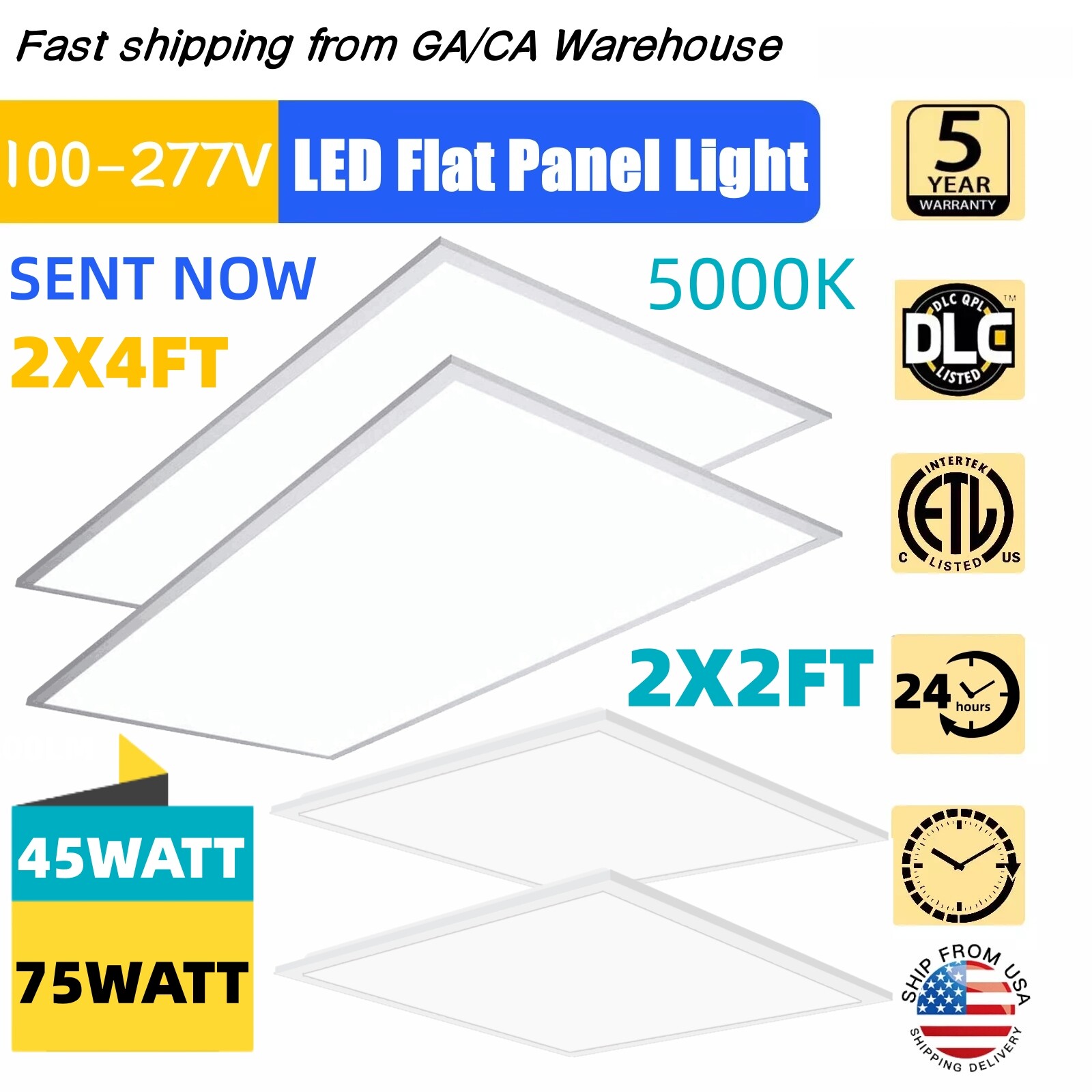 2x4 LED Flat Panel Light 2x2 LED Troffer Drop Ceiling Light Fixture, 0-10V Dim.