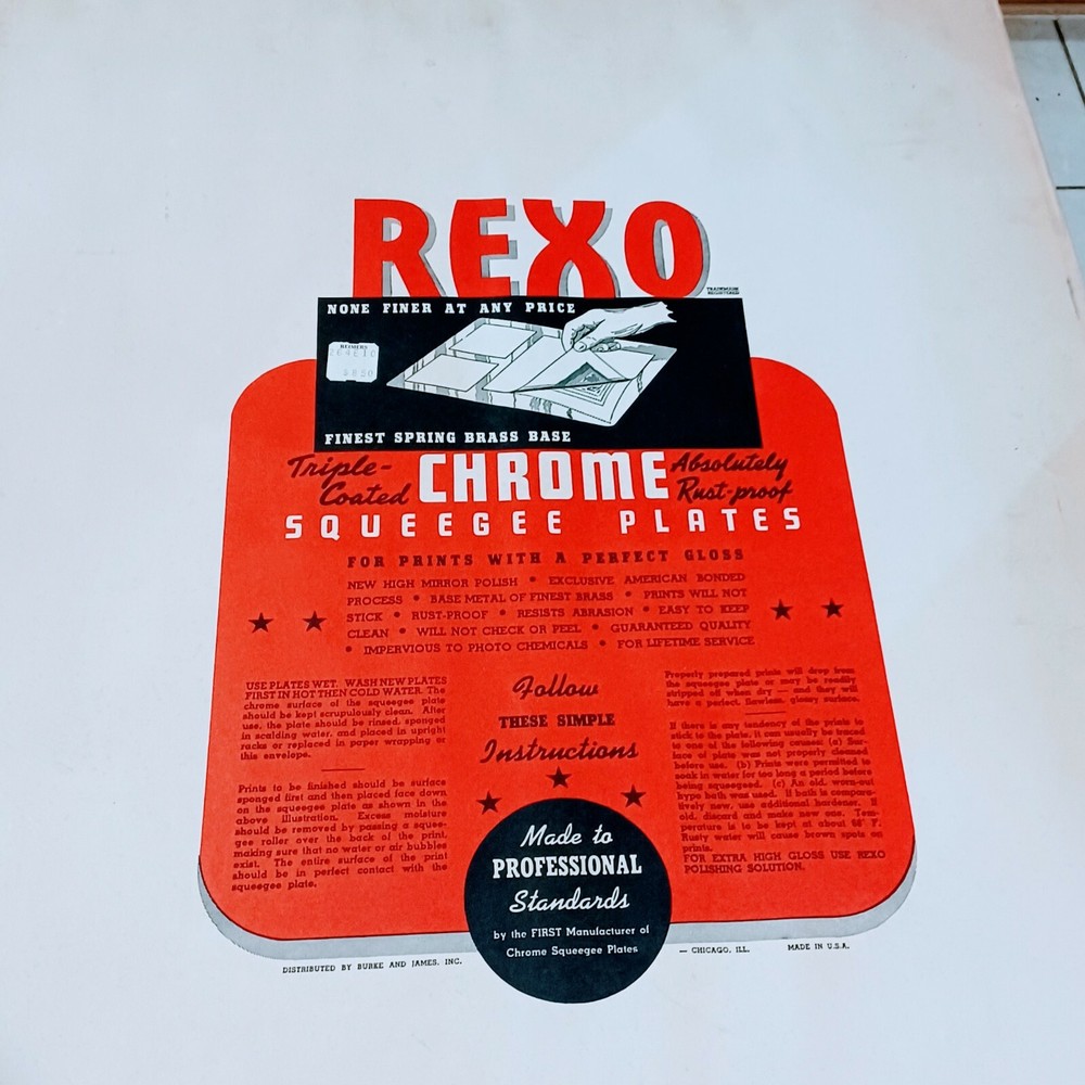 Vtg REXO Chrome Squeegee 2 Plates Film Developing Original Package. Pre-owned