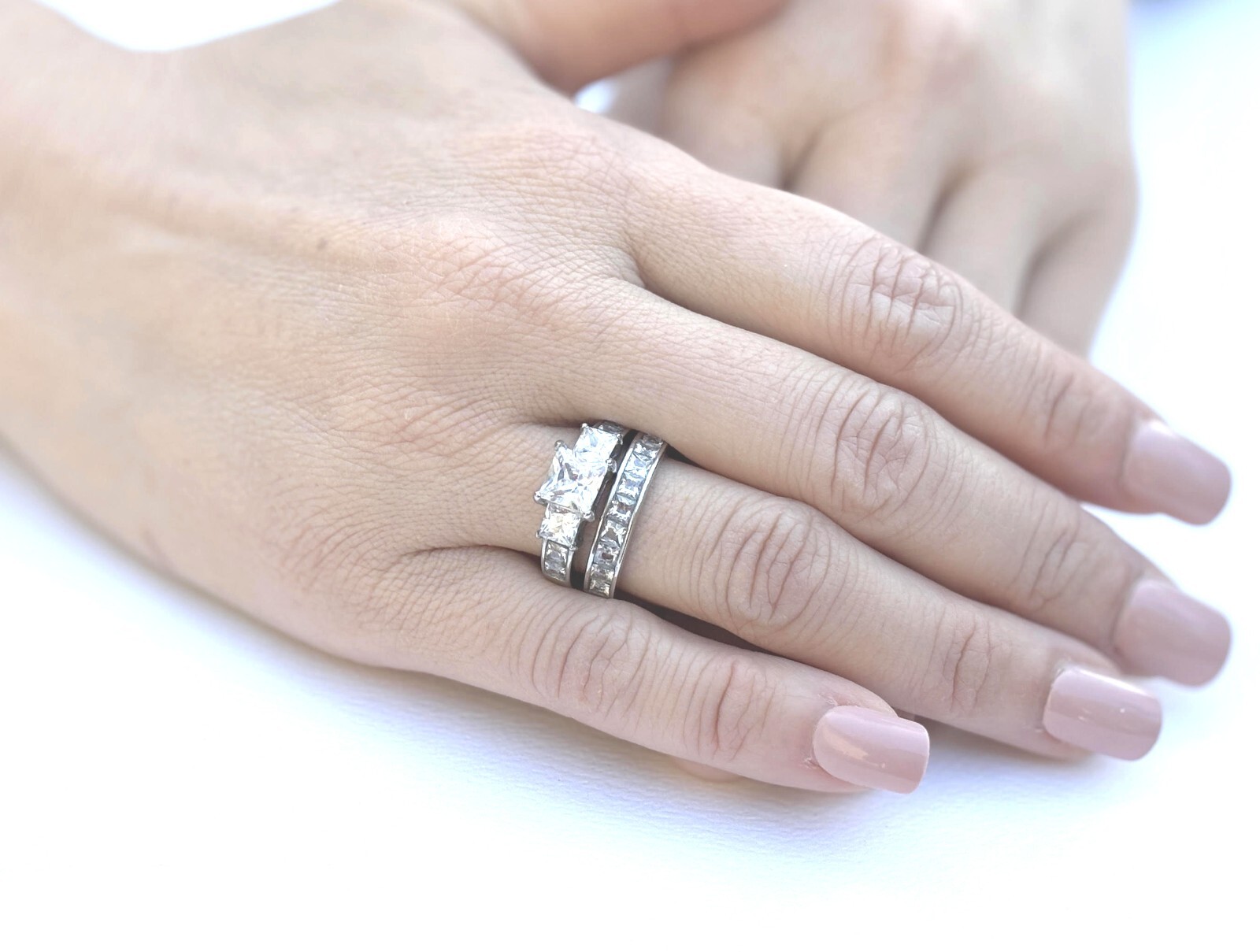 2.58ct Princess Cut CZ Womens Stainless Steel Wedding Engagement Set Rings