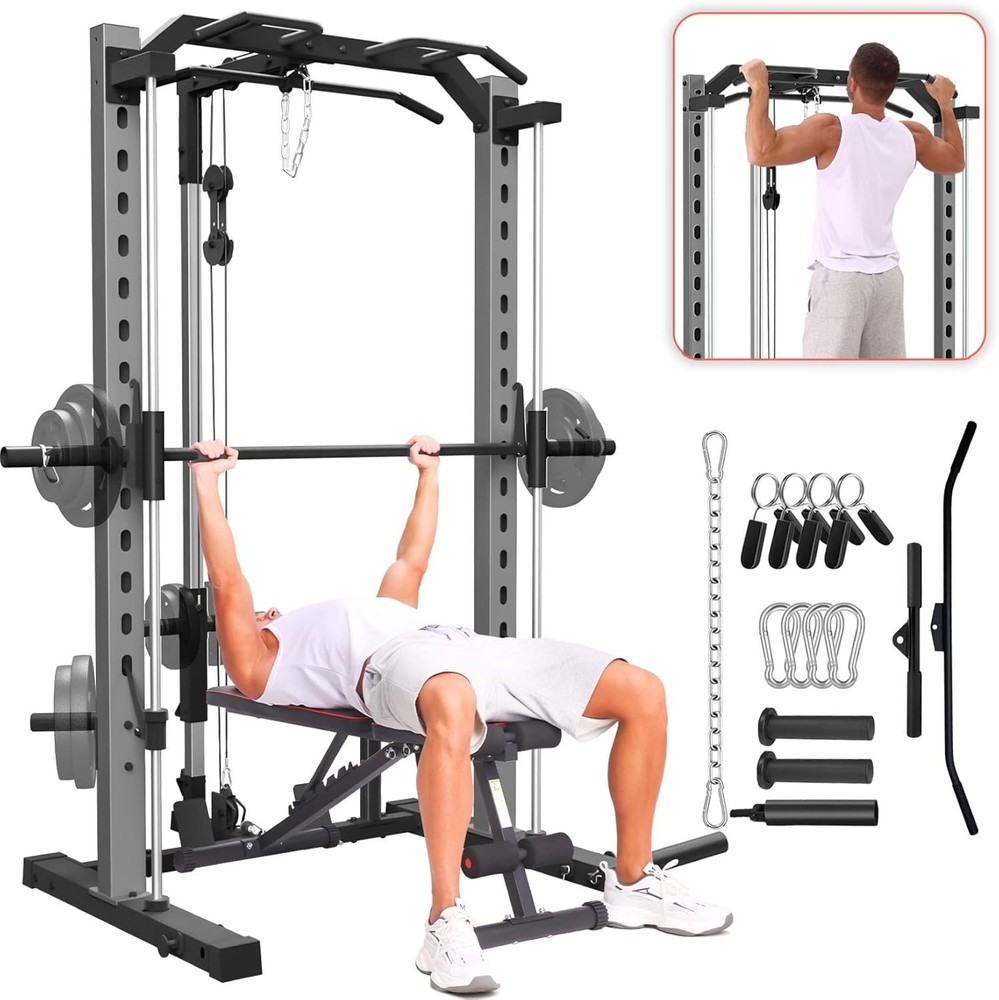 Smith Machine, Multi-Function Power Cage Squat Rack with LAT-Pull Down System US