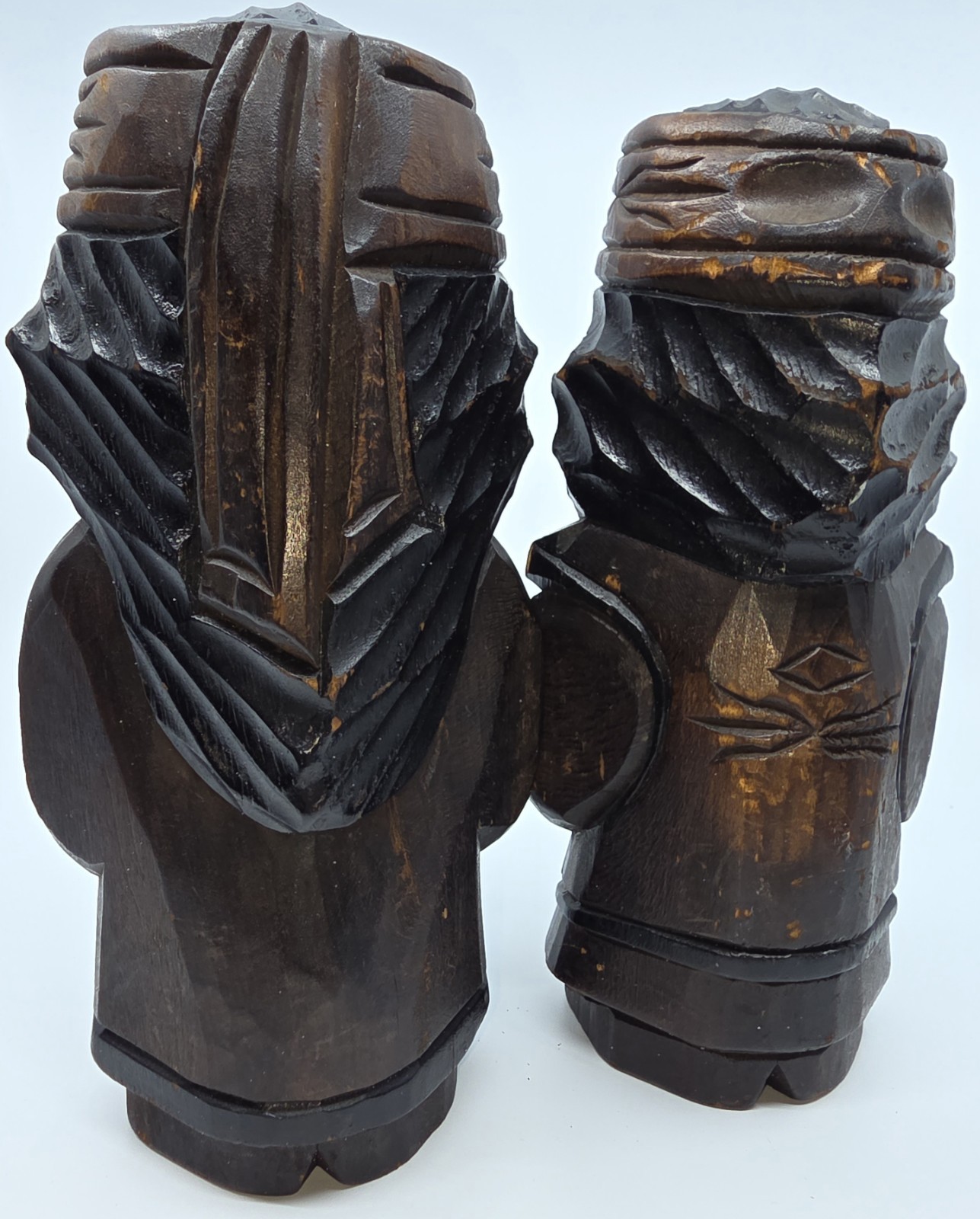 Pair Of Vintage Japanese Hokkaido Ainu Nipopo Hand Carved Wooden Statues 9"