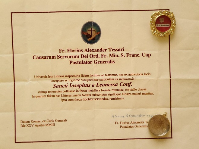 Reliquary Relic of Saint S. Josepus a Leonessa with Certificate