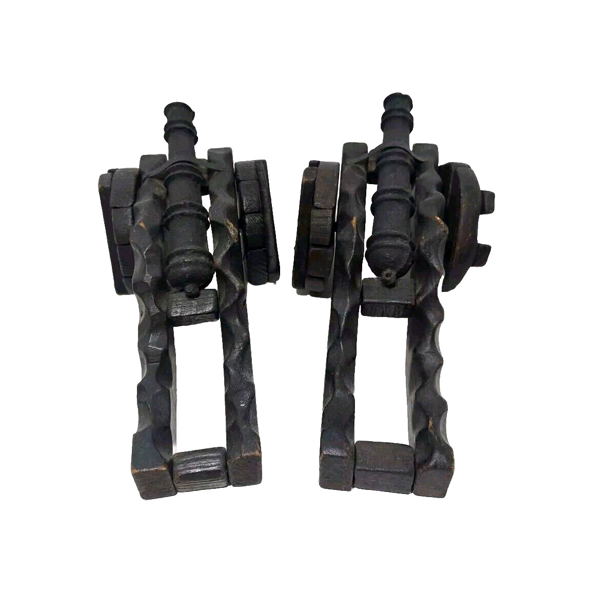 Set 2 Antique Cast Iron Wood Model Miniature Field Gun 10" Cannon On Wheels Toy