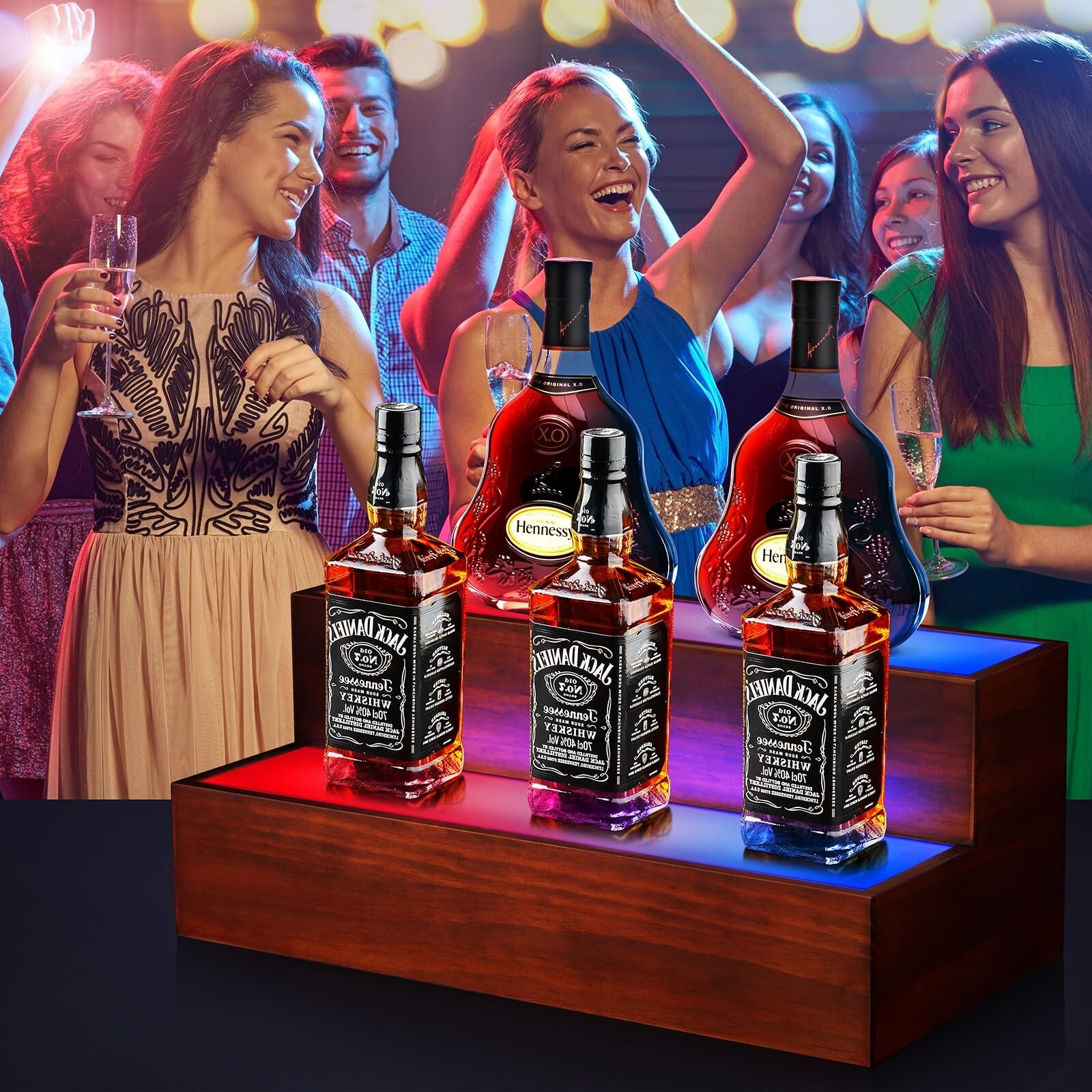 B4Life LED Lighted Liquor Bottle Display Shelf, 2 Tier 16 Inch LED Bar Shelve...