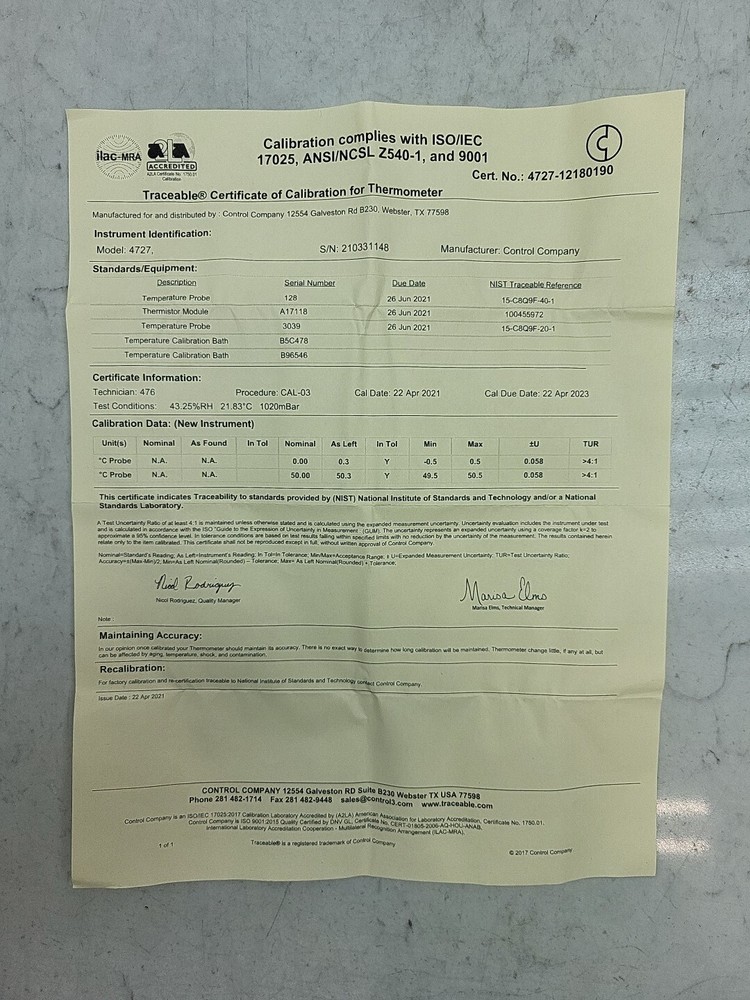 Traceable Digital Environment Thermometer Bottle Probe 4727 Calibration Due 2023