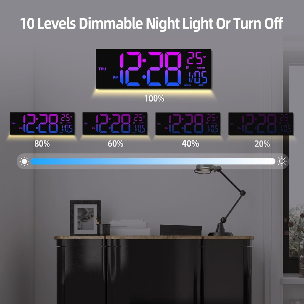 8 Colors Digital Wall Clock, 16.2" Large Digital Clock with Temperature, Date...