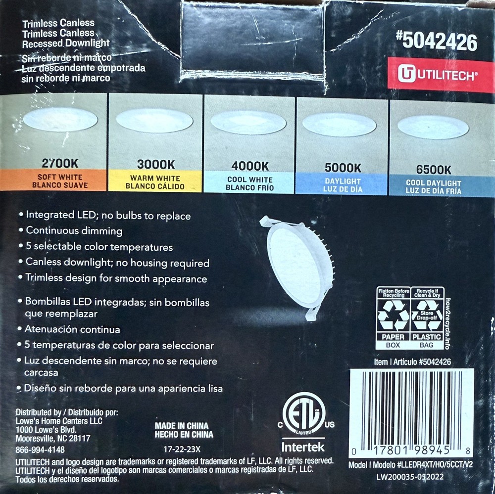 Utilitech 4” 750 Lumens LED Canless Trimless Recessed Downlight Dimmable Light