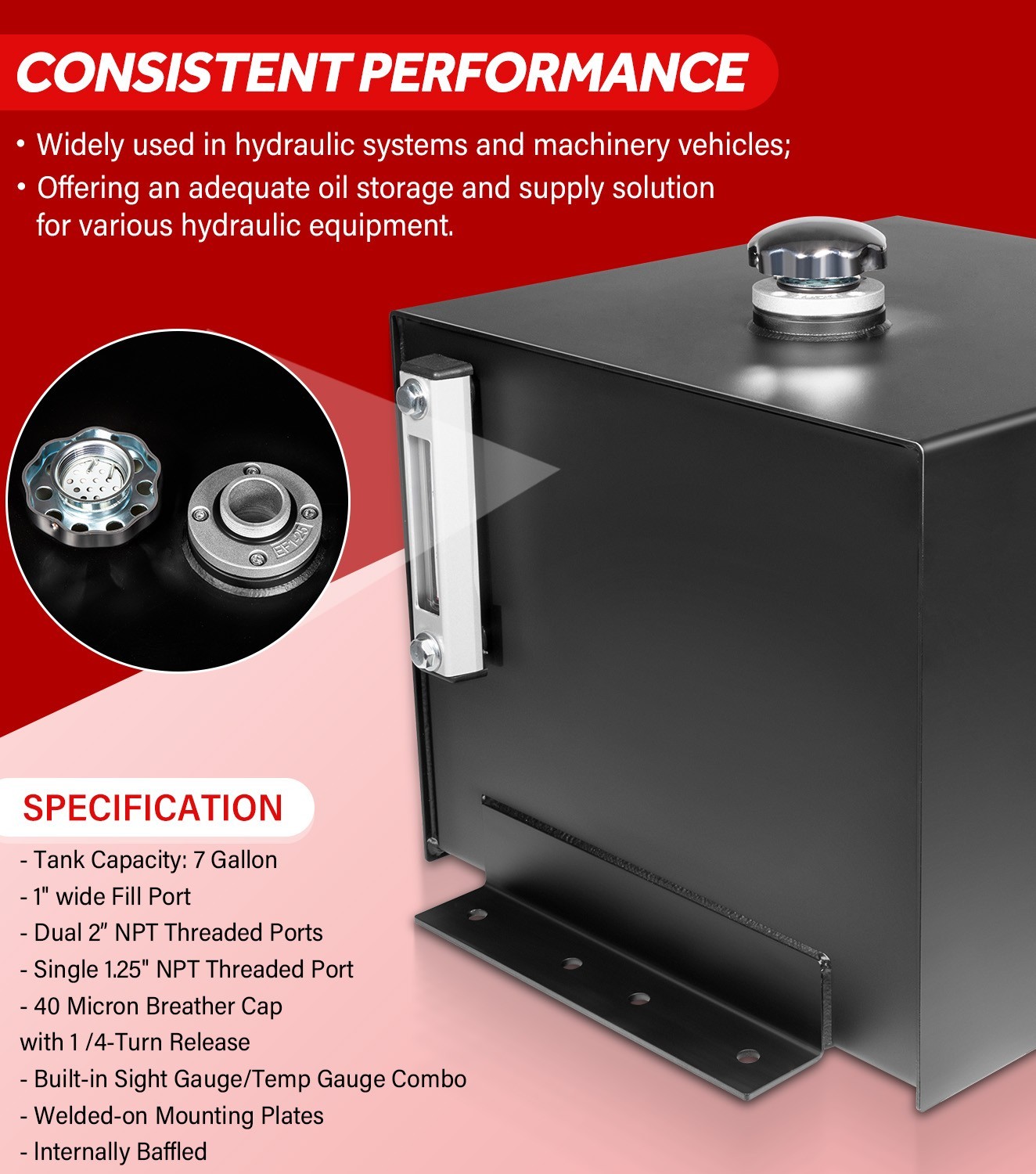 7-Gallon Hydraulic Fluid Reservoir Tank w/Temp Gauge, Sight-Gauge & Breather