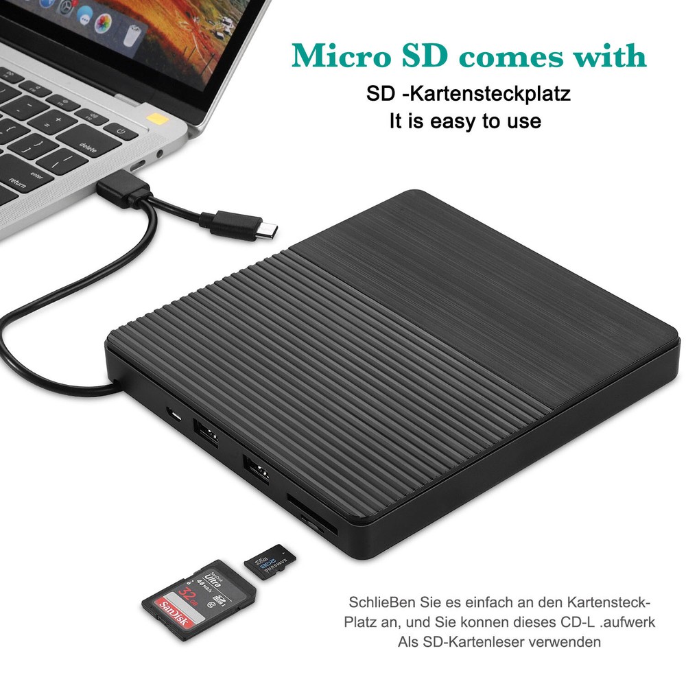 USB 3.0 Type-C External Optical Drive CD Burner CD/DVD Player TF/SD Card Reader